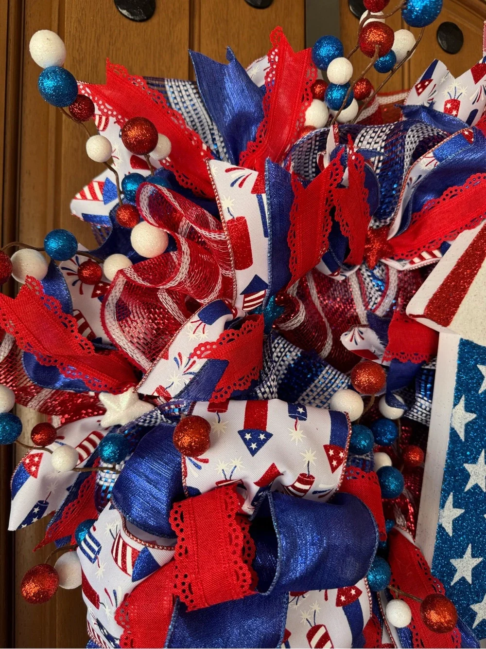 Hand Crafted Red, White & Blue Patriotic Firework Wreath